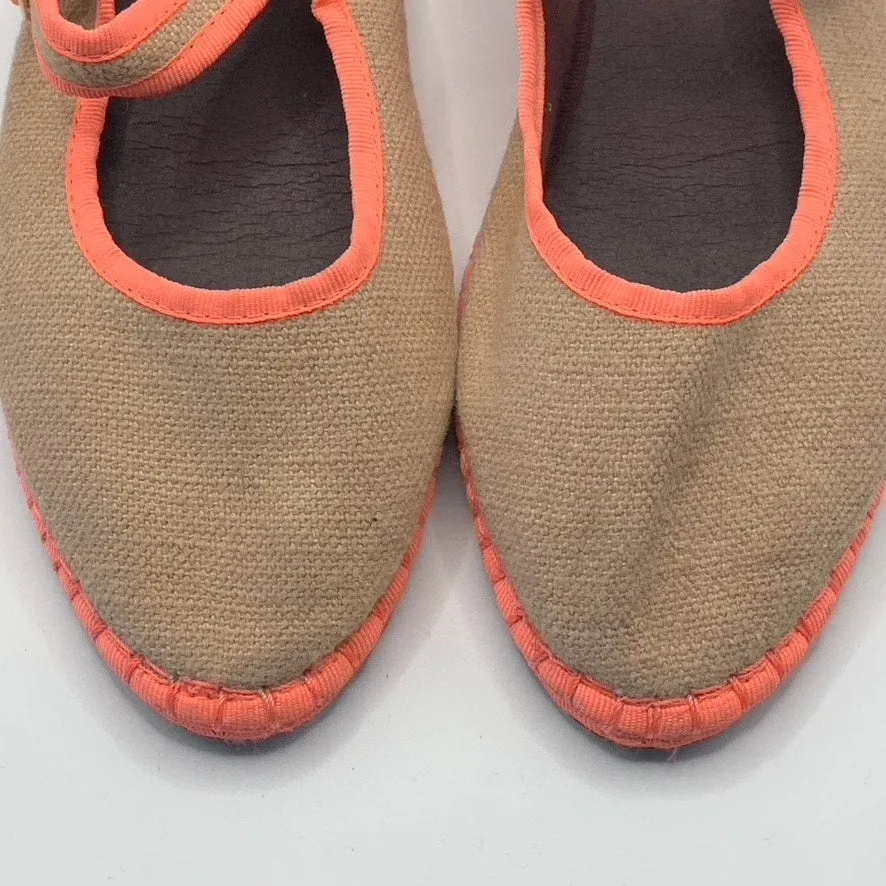 FLABELUS Women's Tan/Neon Pink Dent Lightweight Canvas Mary Jane Flats SZ 8