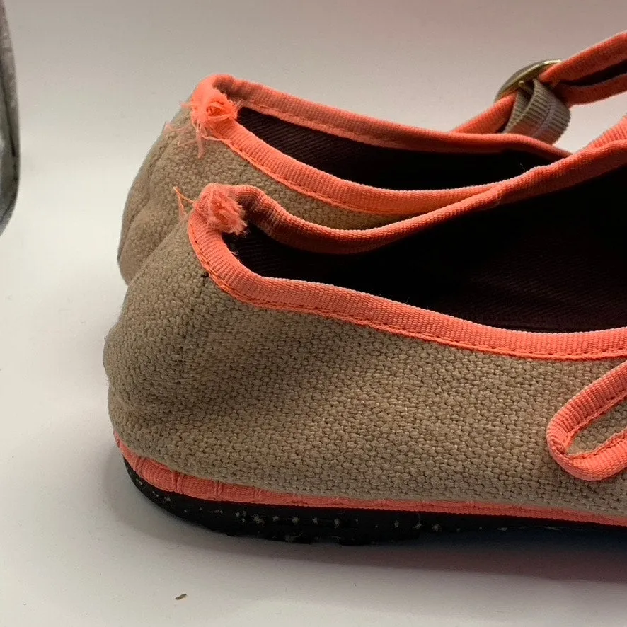 FLABELUS Women's Tan/Neon Pink Dent Lightweight Canvas Mary Jane Flats SZ 8