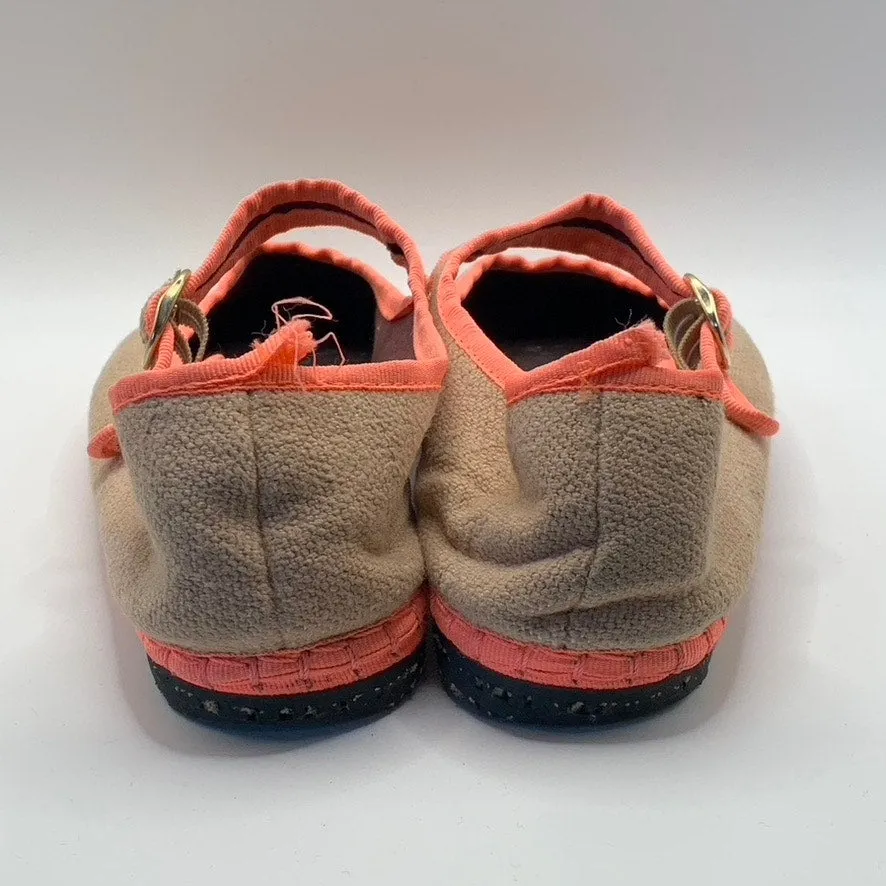FLABELUS Women's Tan/Neon Pink Dent Lightweight Canvas Mary Jane Flats SZ 8