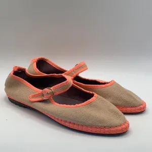 FLABELUS Women's Tan/Neon Pink Dent Lightweight Canvas Mary Jane Flats SZ 8