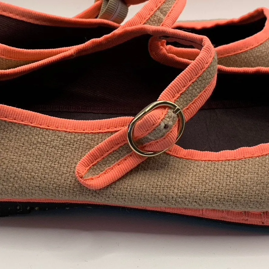 FLABELUS Women's Tan/Neon Pink Dent Lightweight Canvas Mary Jane Flats SZ 8
