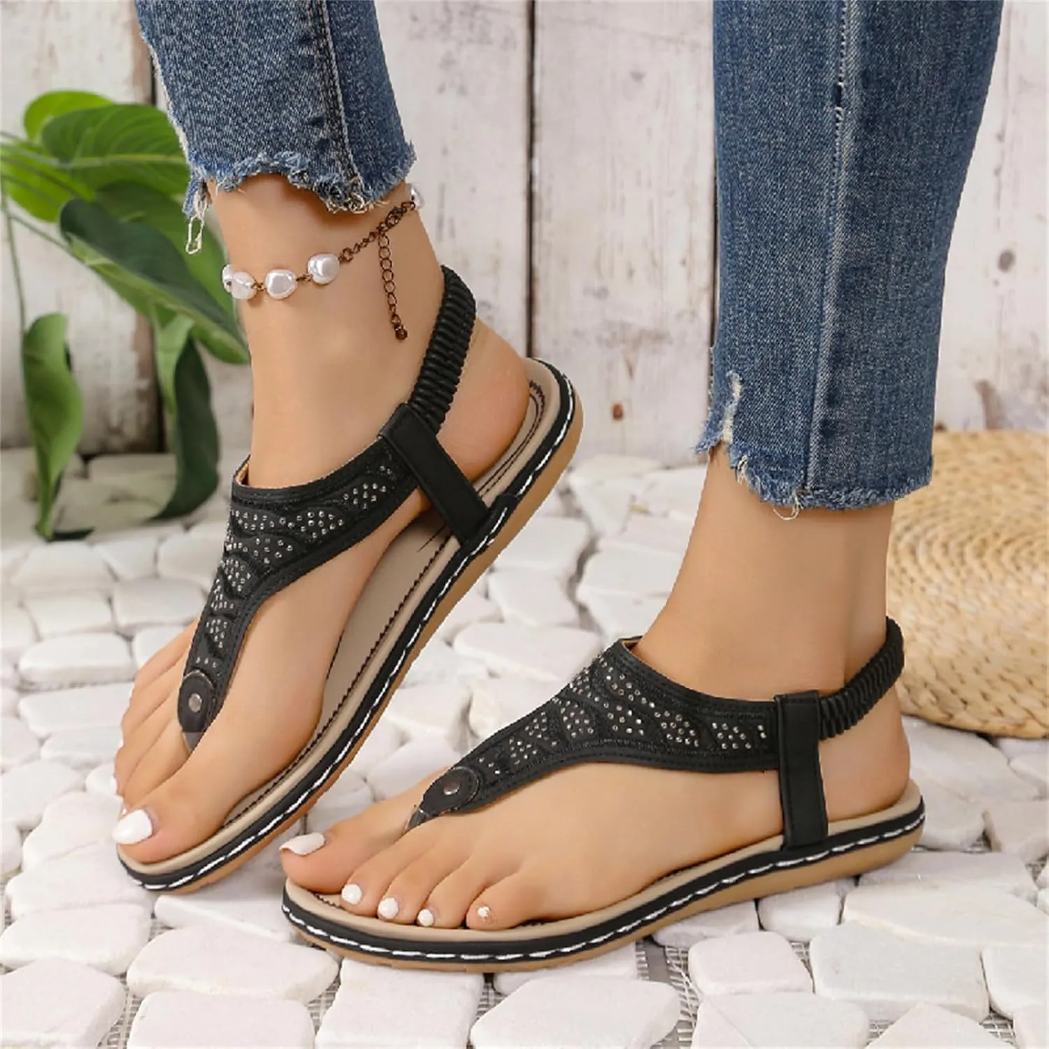 Flat Sandals for Women Arch Support Sandals Casual Elastic Strappy Sandal Flip Flops Summer Comfortable Breathable Ankle Strap Beach Shoes Orthopedic Comfortable Walking Shoe