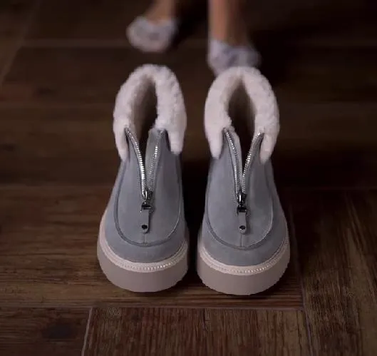 Front-zip shearling one-piece snow boots