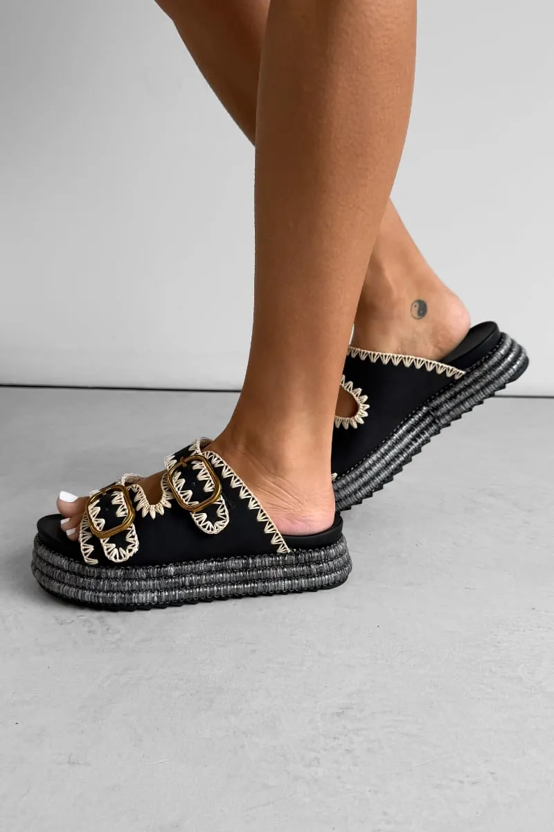 GEORGIA Chunky Embroidered Espadrille Buckle Sandals - Black