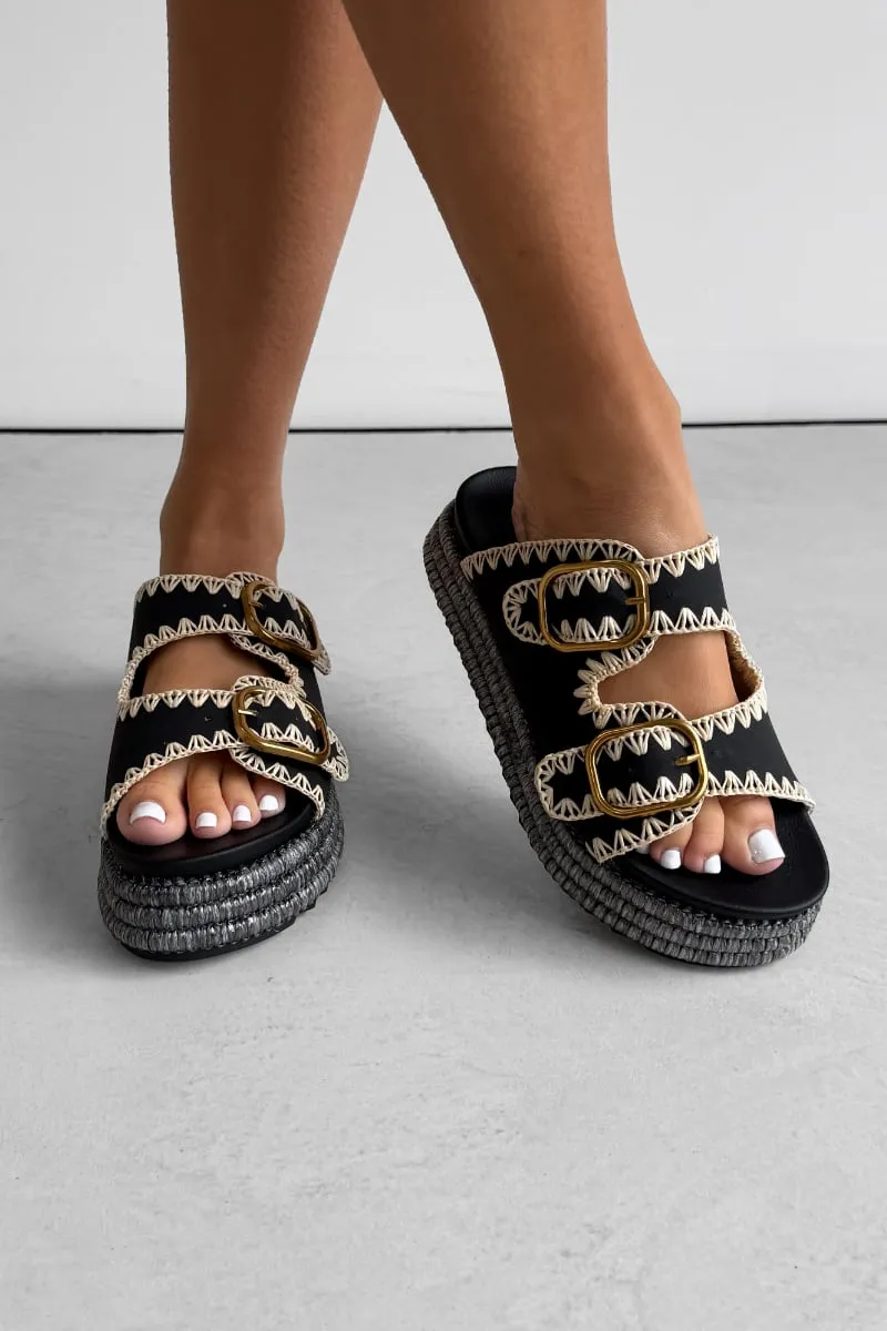 GEORGIA Chunky Embroidered Espadrille Buckle Sandals - Black