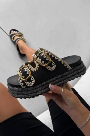 GEORGIA Chunky Embroidered Espadrille Buckle Sandals - Black