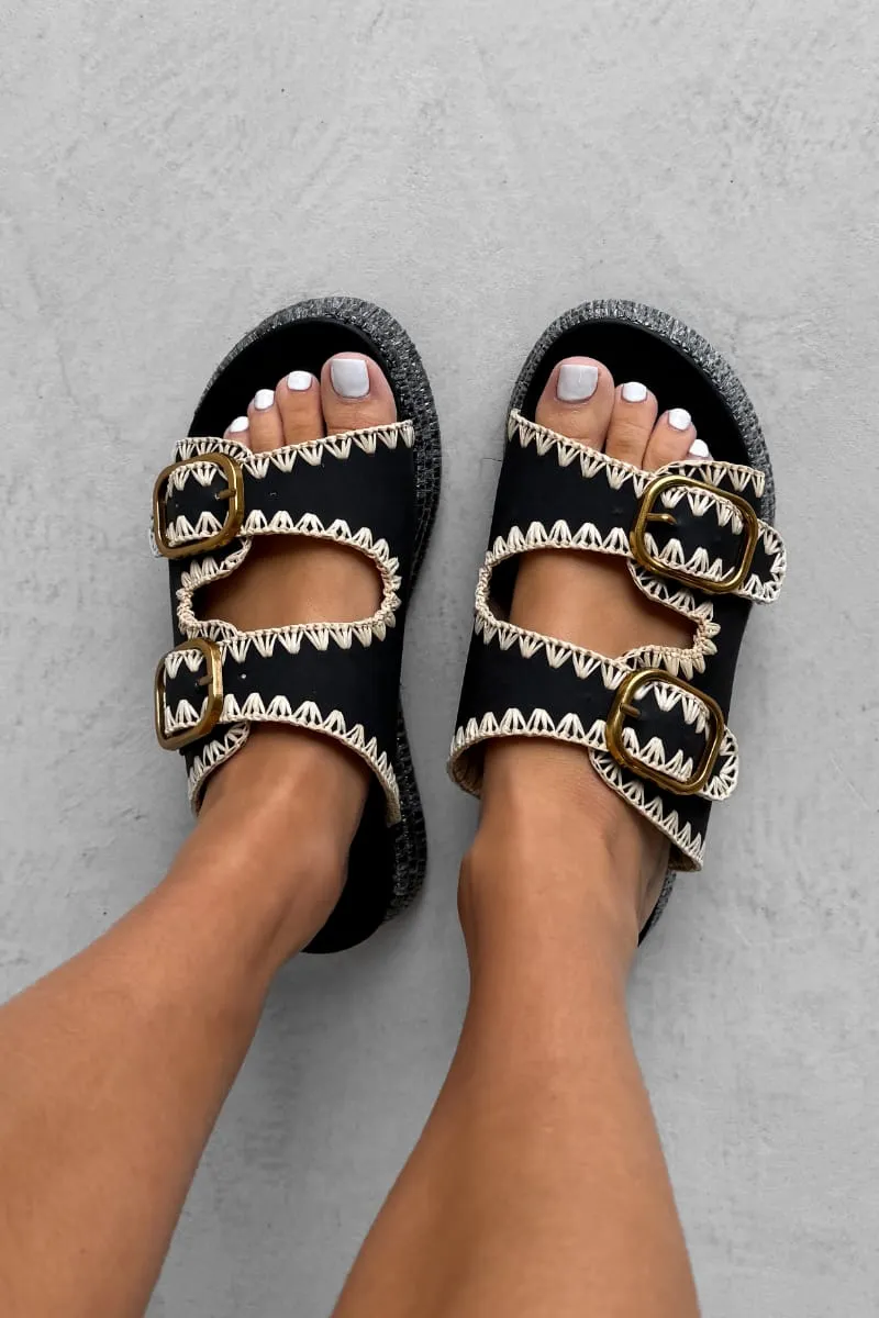 GEORGIA Chunky Embroidered Espadrille Buckle Sandals - Black
