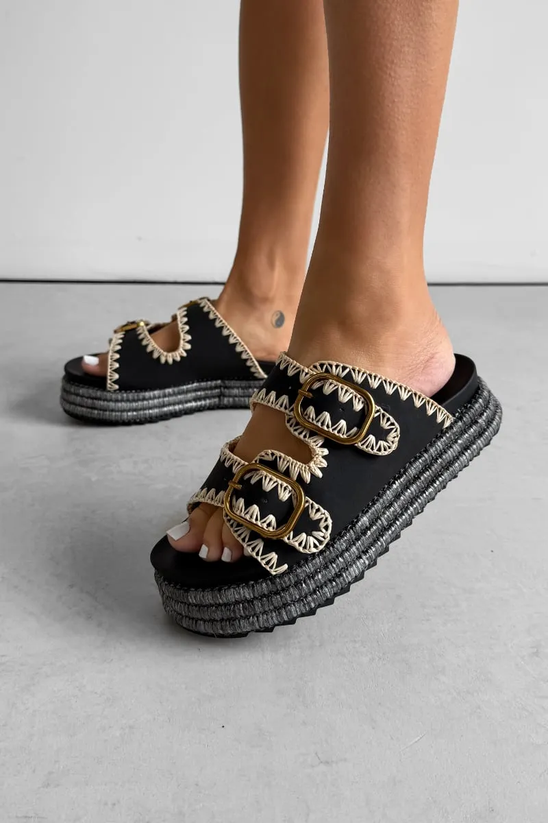 GEORGIA Chunky Embroidered Espadrille Buckle Sandals - Black