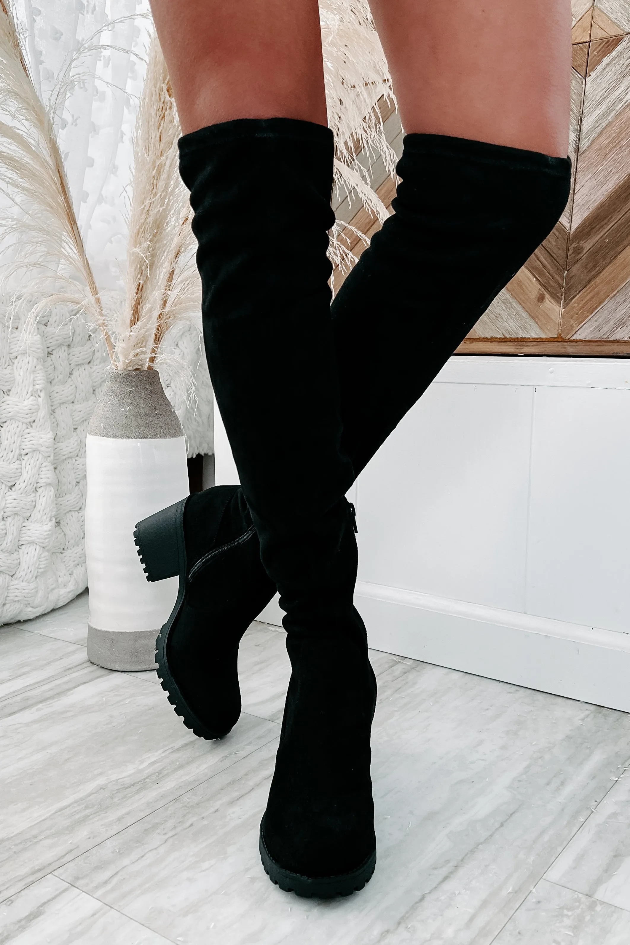 Get To Steppin' Faux Suede Over The Knee Boots (Black)