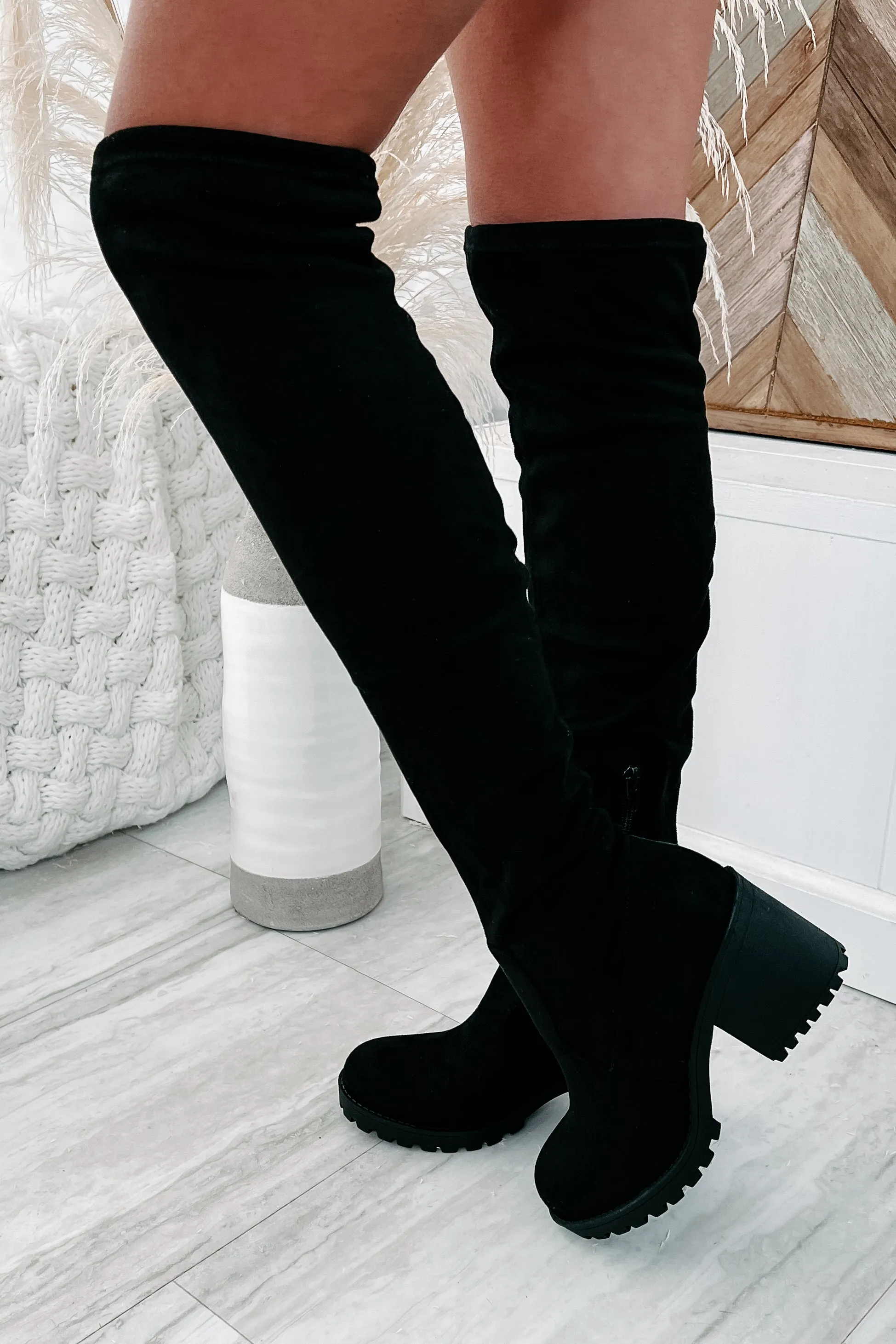 Get To Steppin' Faux Suede Over The Knee Boots (Black)