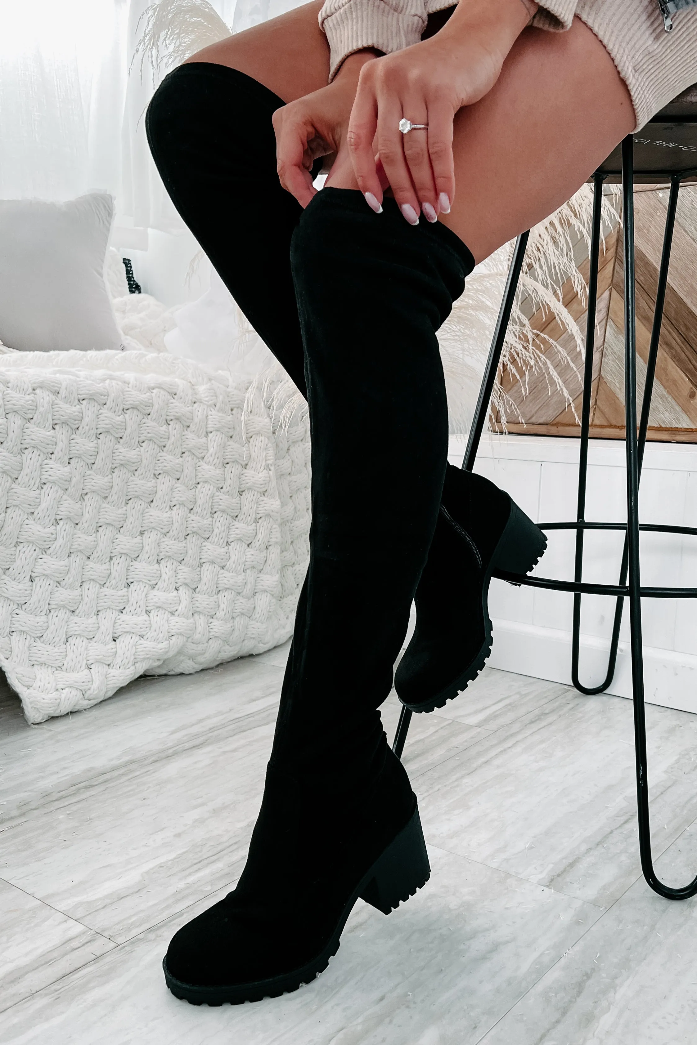 Get To Steppin' Faux Suede Over The Knee Boots (Black)