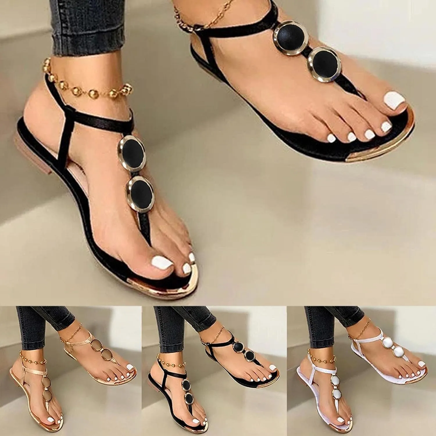 Gibobby Sandals for Women Flat Casual Summer Buckle Ankle Strap Fashion Sandals Thong Open Toe Flip Flop Women Sandals
