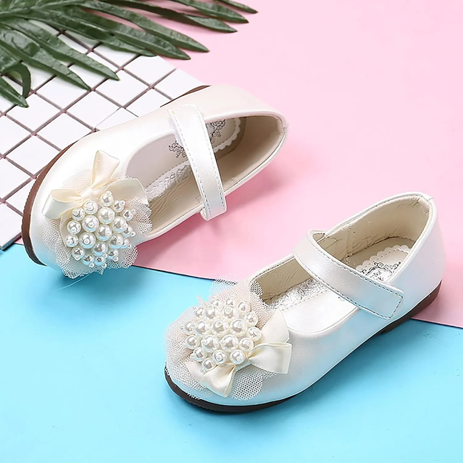 Girl Dress Shoes Toddler Flower Pearl Wedding Party Flats Low Heel Ankle Strap Dance Shoes For Toddler