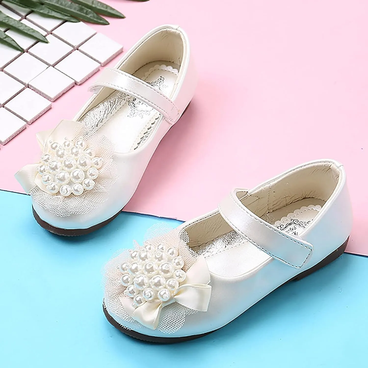 Girl Dress Shoes Toddler Flower Pearl Wedding Party Flats Low Heel Ankle Strap Dance Shoes For Toddler