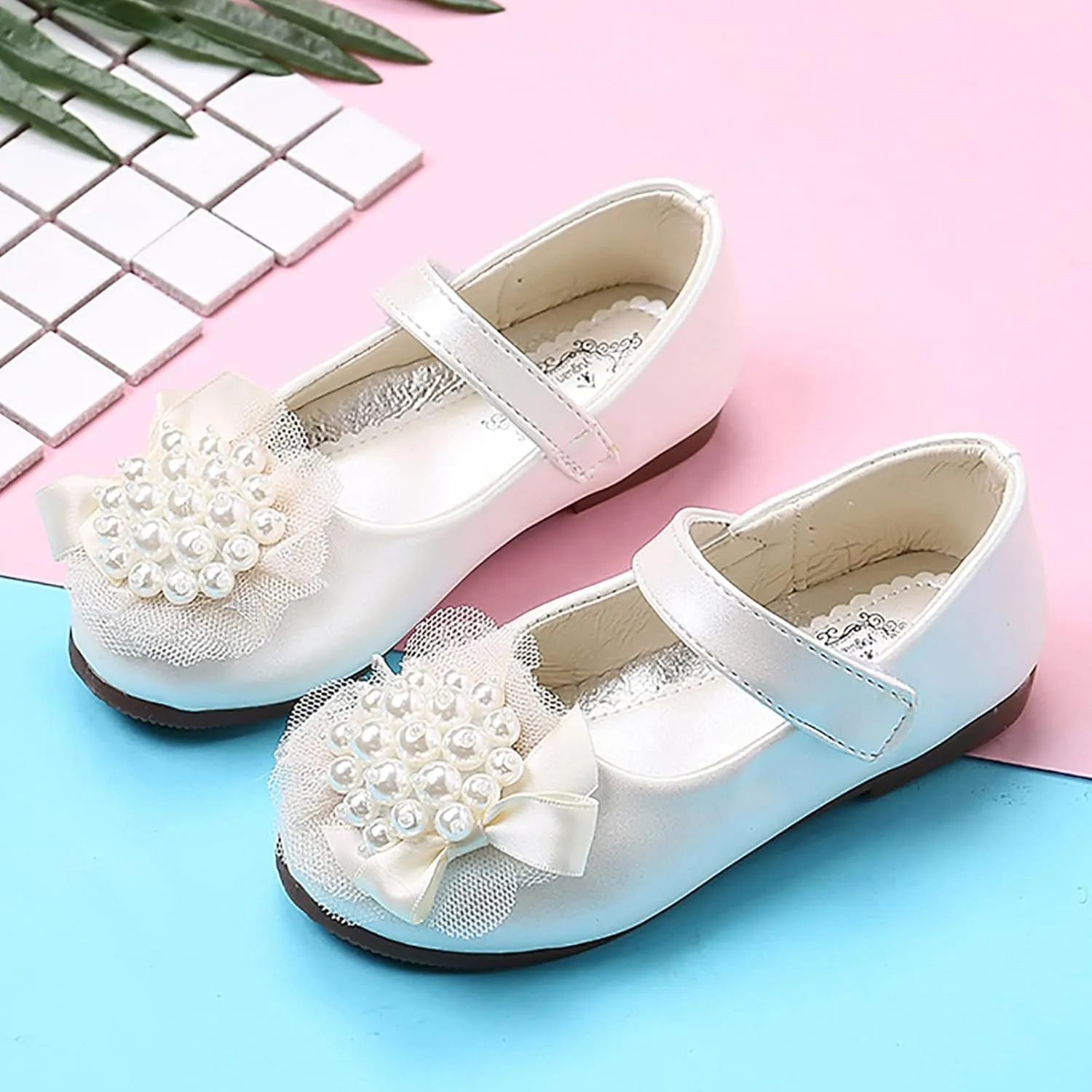 Girl Dress Shoes Toddler Flower Pearl Wedding Party Flats Low Heel Ankle Strap Dance Shoes For Toddler