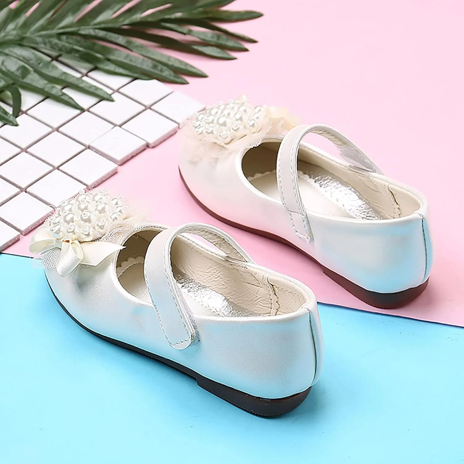 Girl Dress Shoes Toddler Flower Pearl Wedding Party Flats Low Heel Ankle Strap Dance Shoes For Toddler