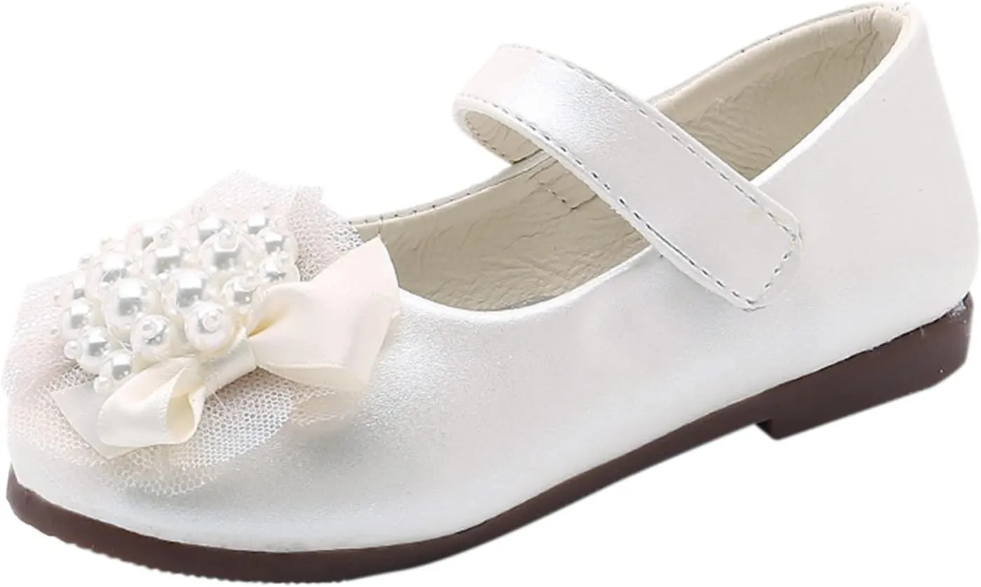 Girl Dress Shoes Toddler Flower Pearl Wedding Party Flats Low Heel Ankle Strap Dance Shoes For Toddler