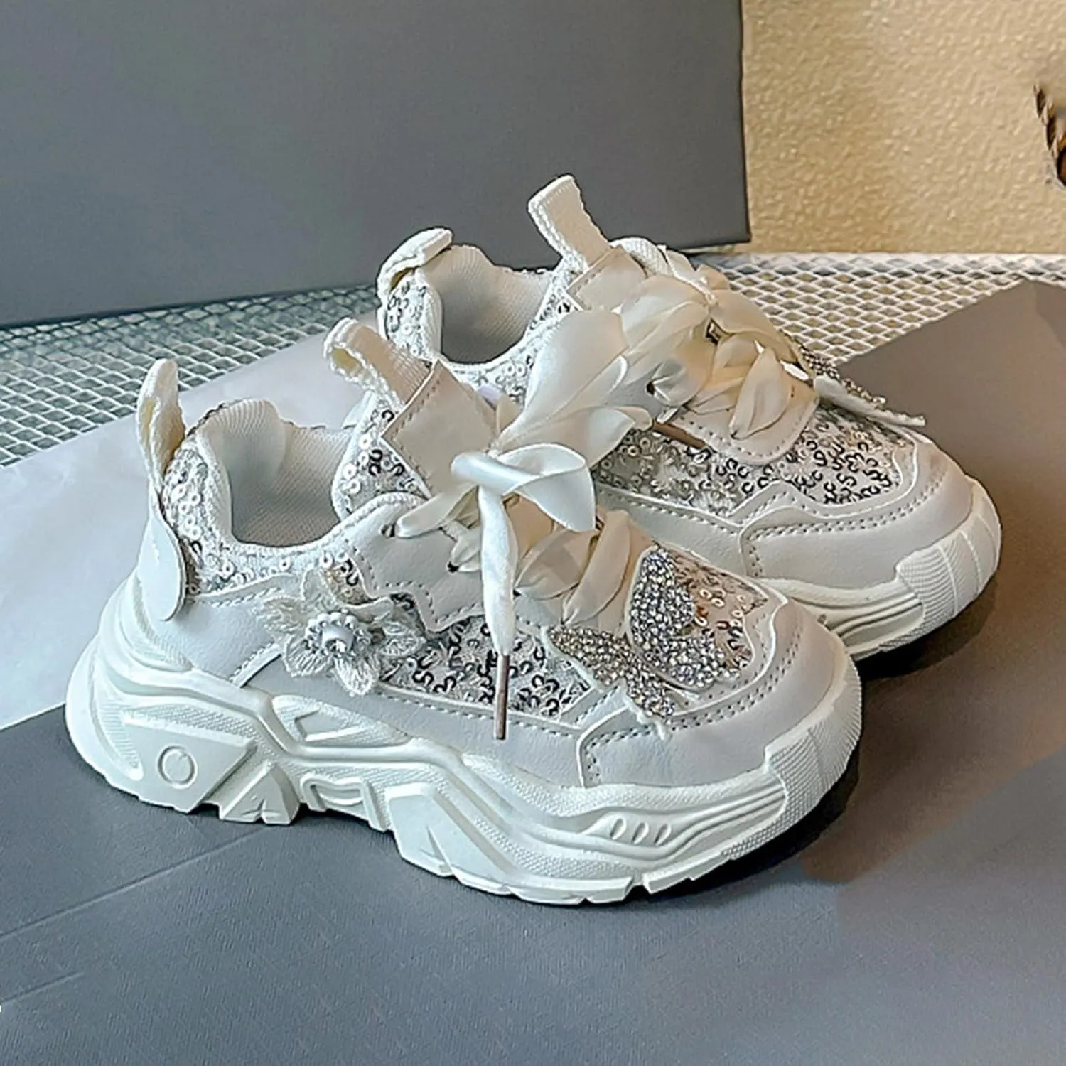 Girls Kids Princess Sneaker Toddler Girl Bow Lace-Up Sport Shoes Outdoor Memory Foam Non Slip Fashion Shoes Casual