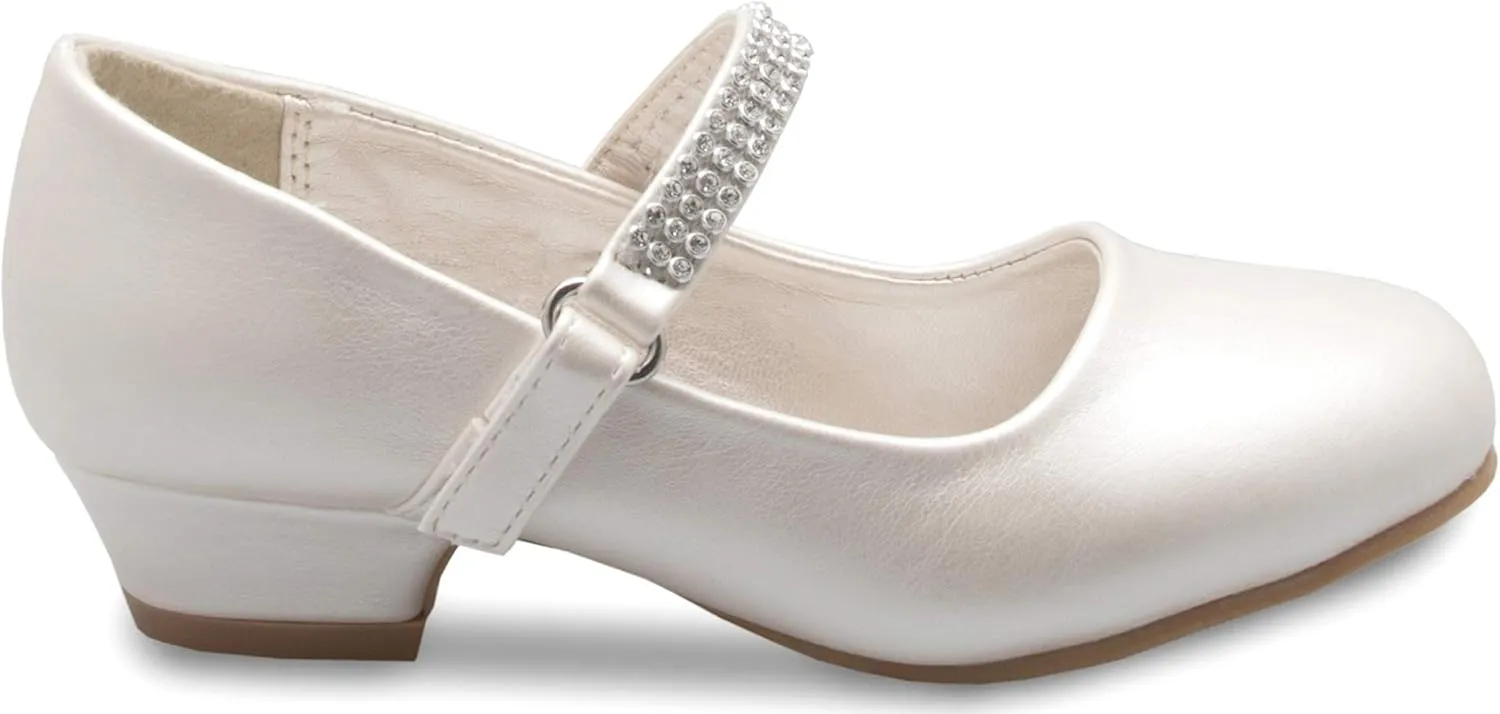 Girls Kitten Heels Mary Jane Shoes - Round Toe with Rhinestone Strap- Easy on Off