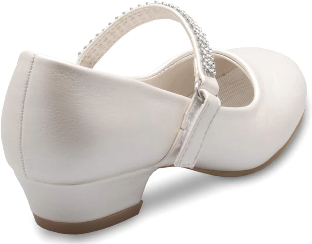 Girls Kitten Heels Mary Jane Shoes - Round Toe with Rhinestone Strap- Easy on Off