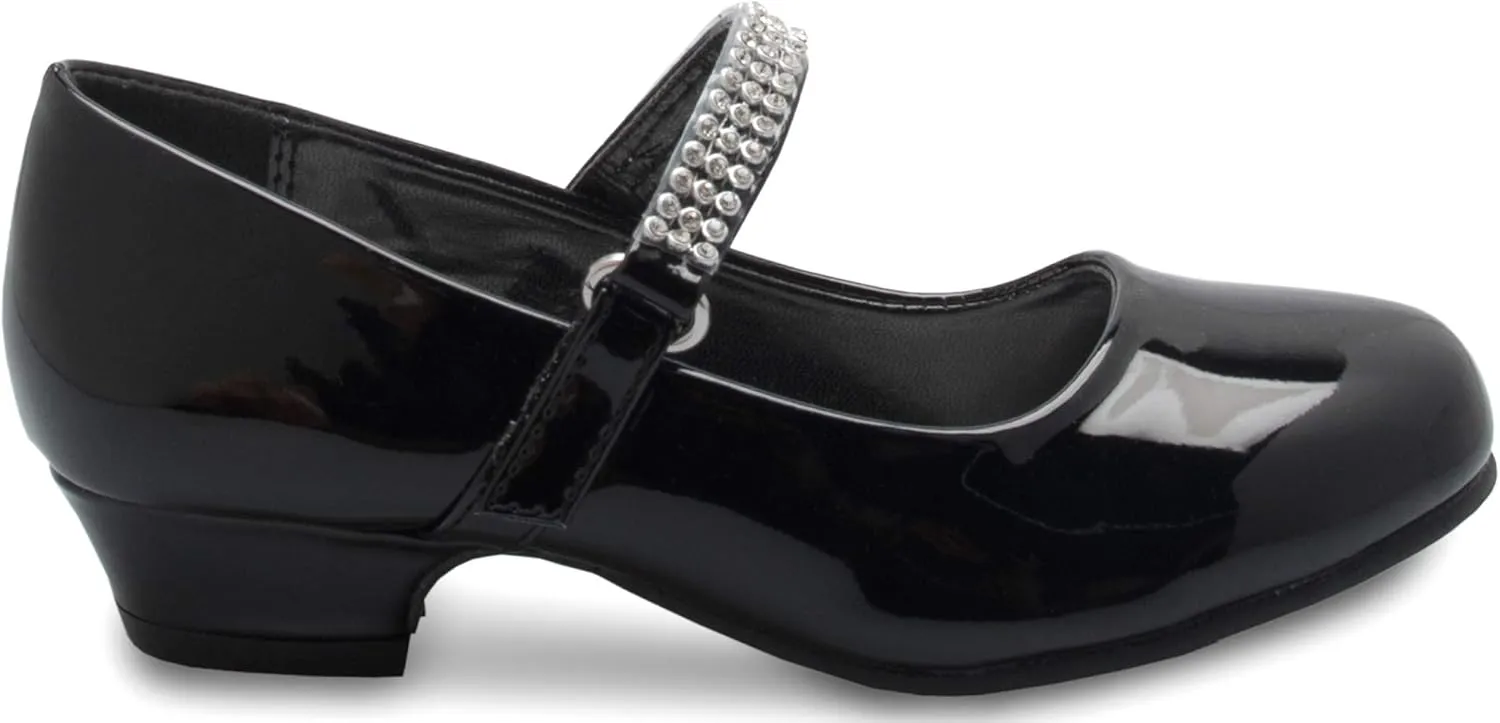 Girls Kitten Heels Mary Jane Shoes - Round Toe with Rhinestone Strap- Easy on Off