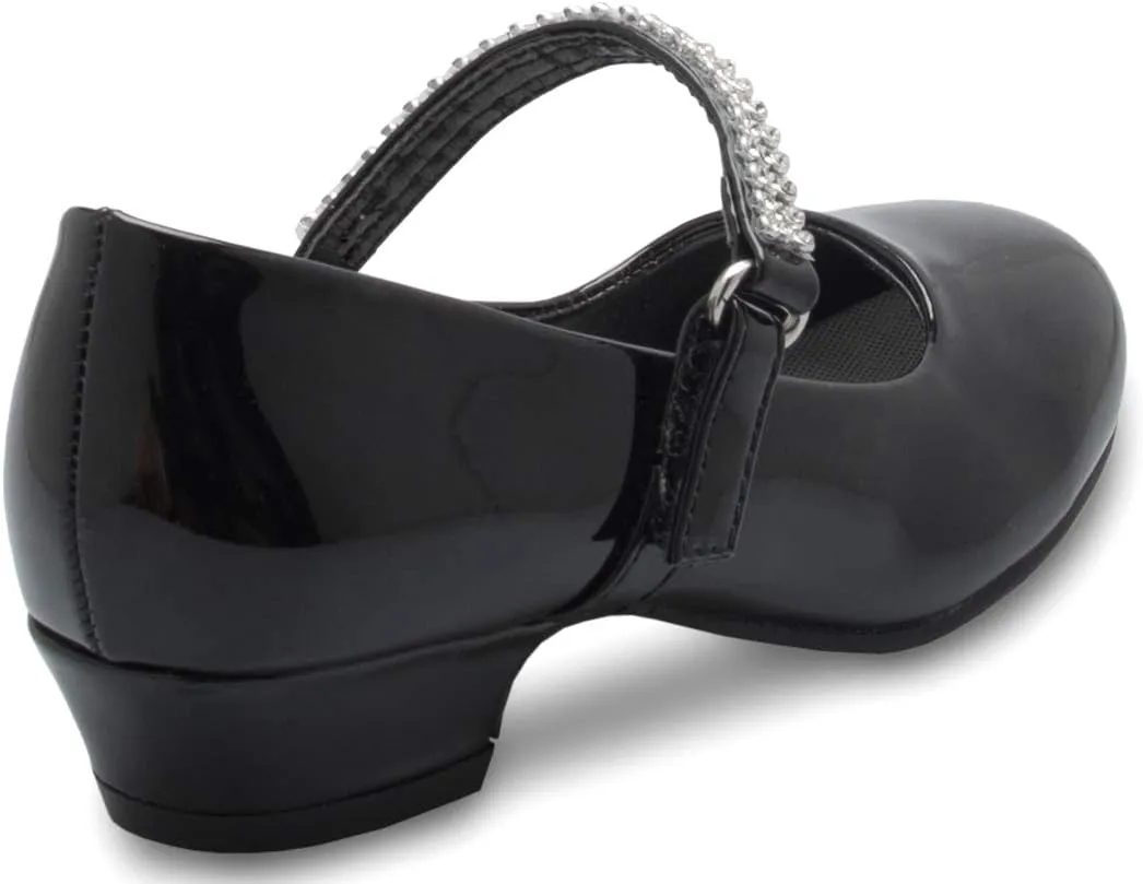 Girls Kitten Heels Mary Jane Shoes - Round Toe with Rhinestone Strap- Easy on Off