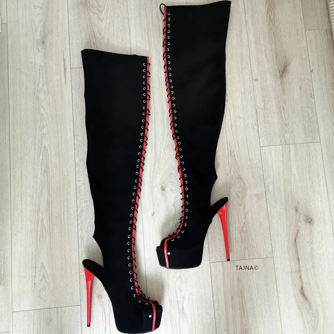 Gladiator Black Red Knee High Boots
