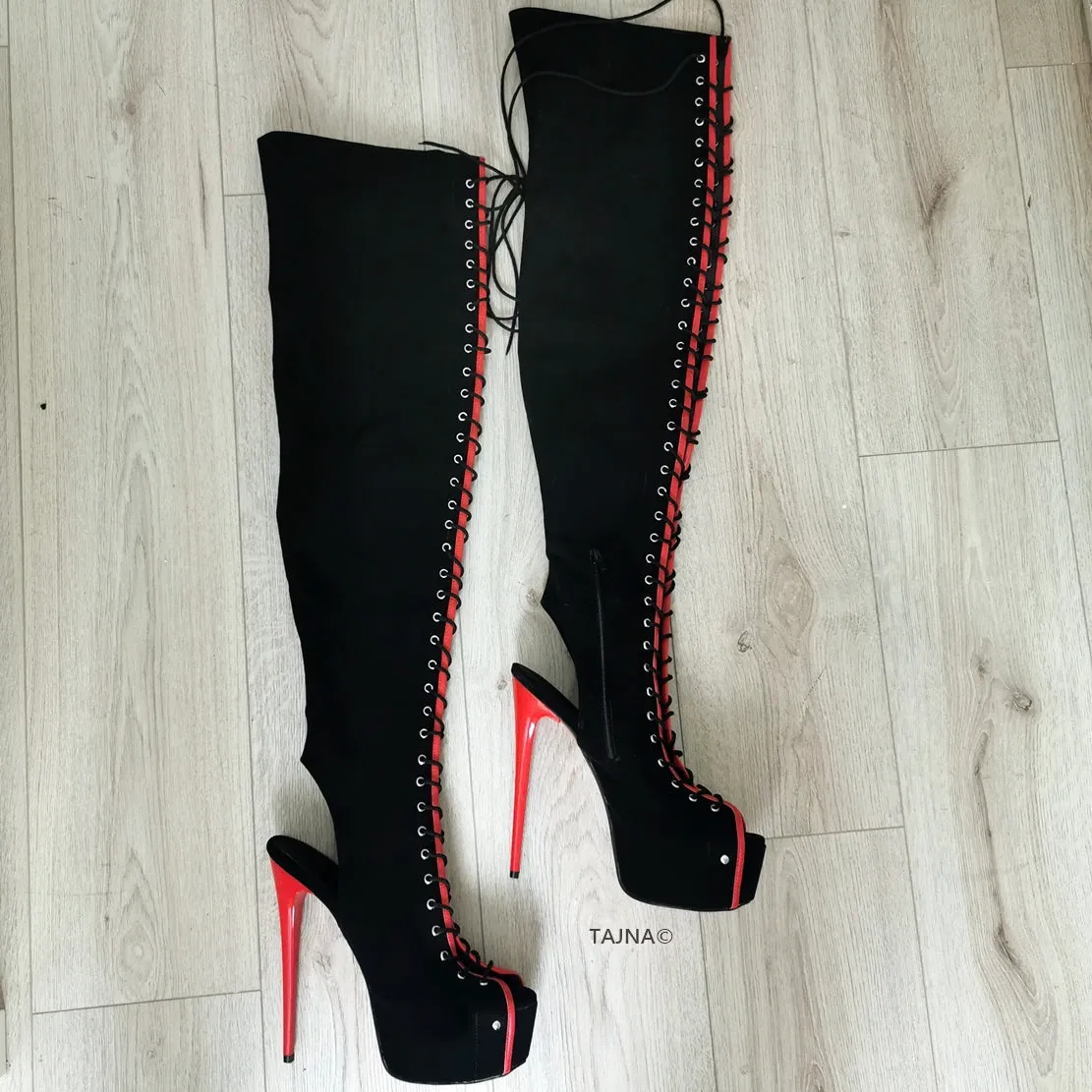 Gladiator Black Red Knee High Boots