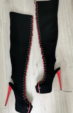 Gladiator Black Red Knee High Boots