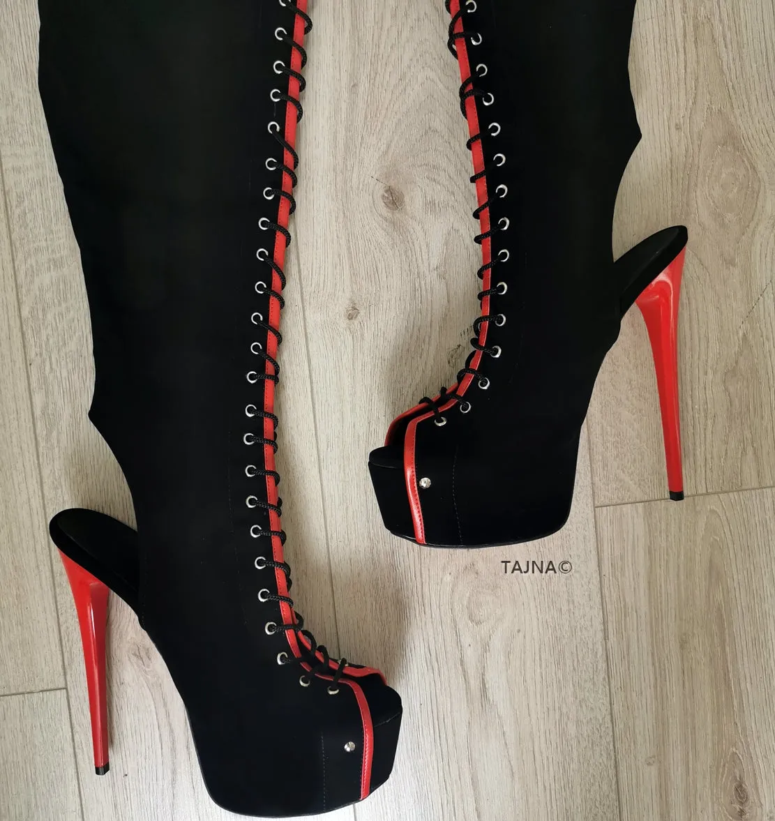 Gladiator Black Red Knee High Boots