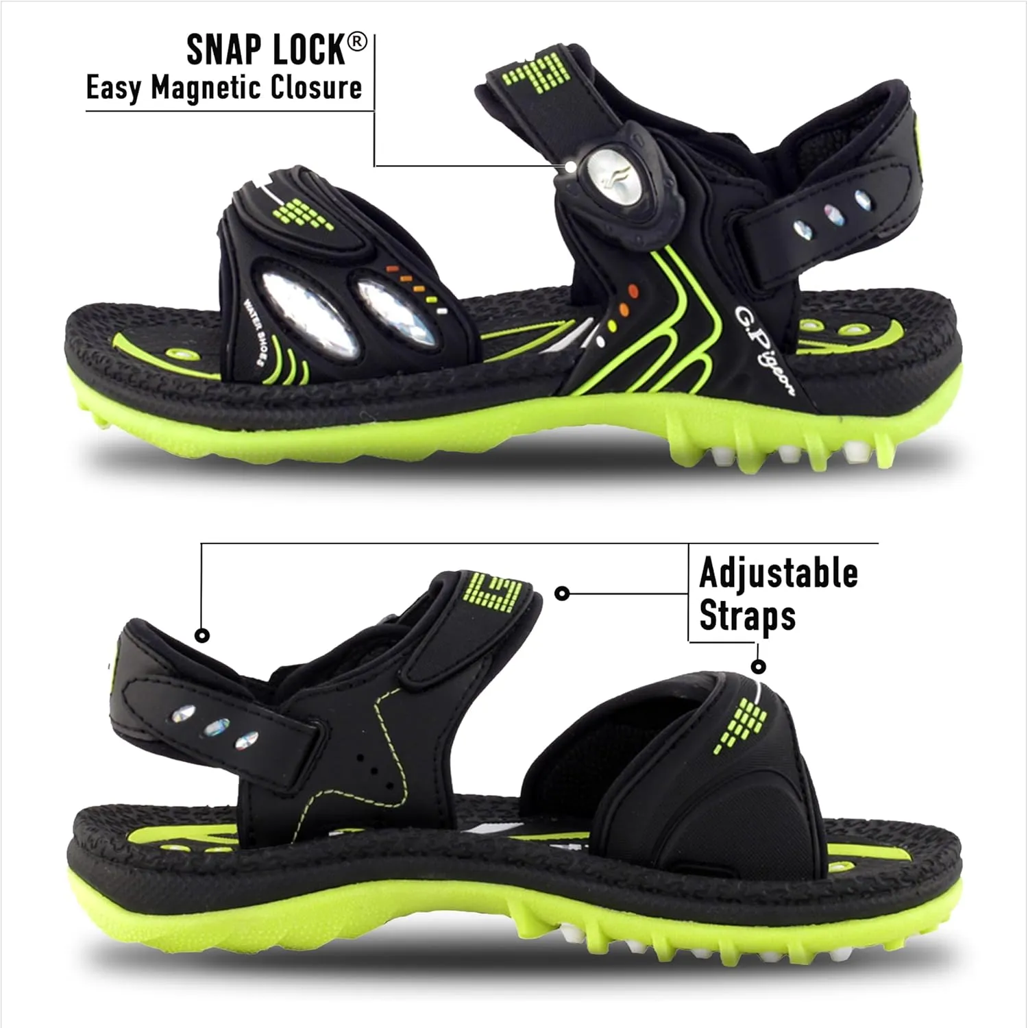Gold Pigeon Shoes KIDS Easy Snap Lock Outdoor/Water Sandals & Slides. Adjustable Straps