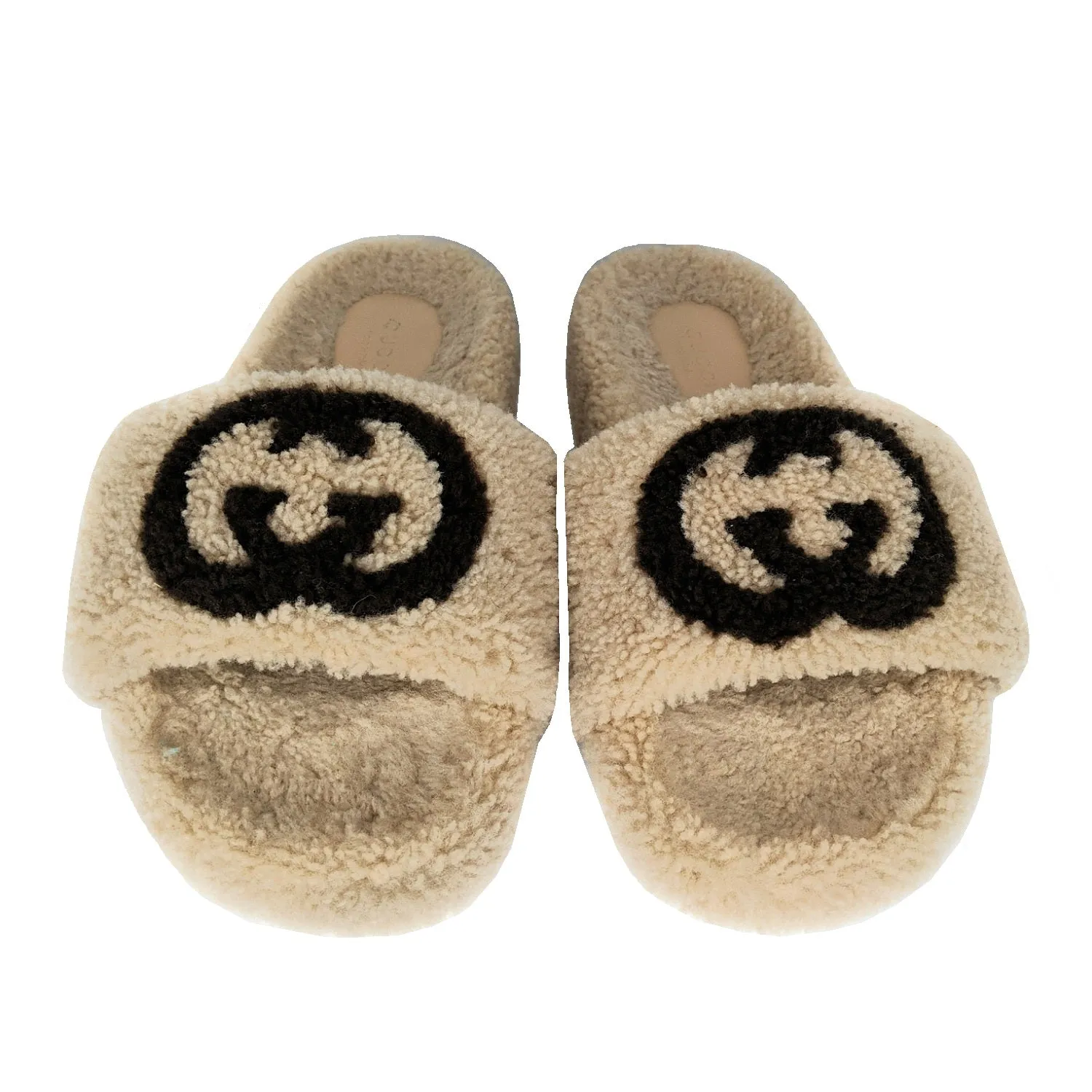 Gucci Light Brown GG Logo Merino Wool Slide Sandals Sz 36