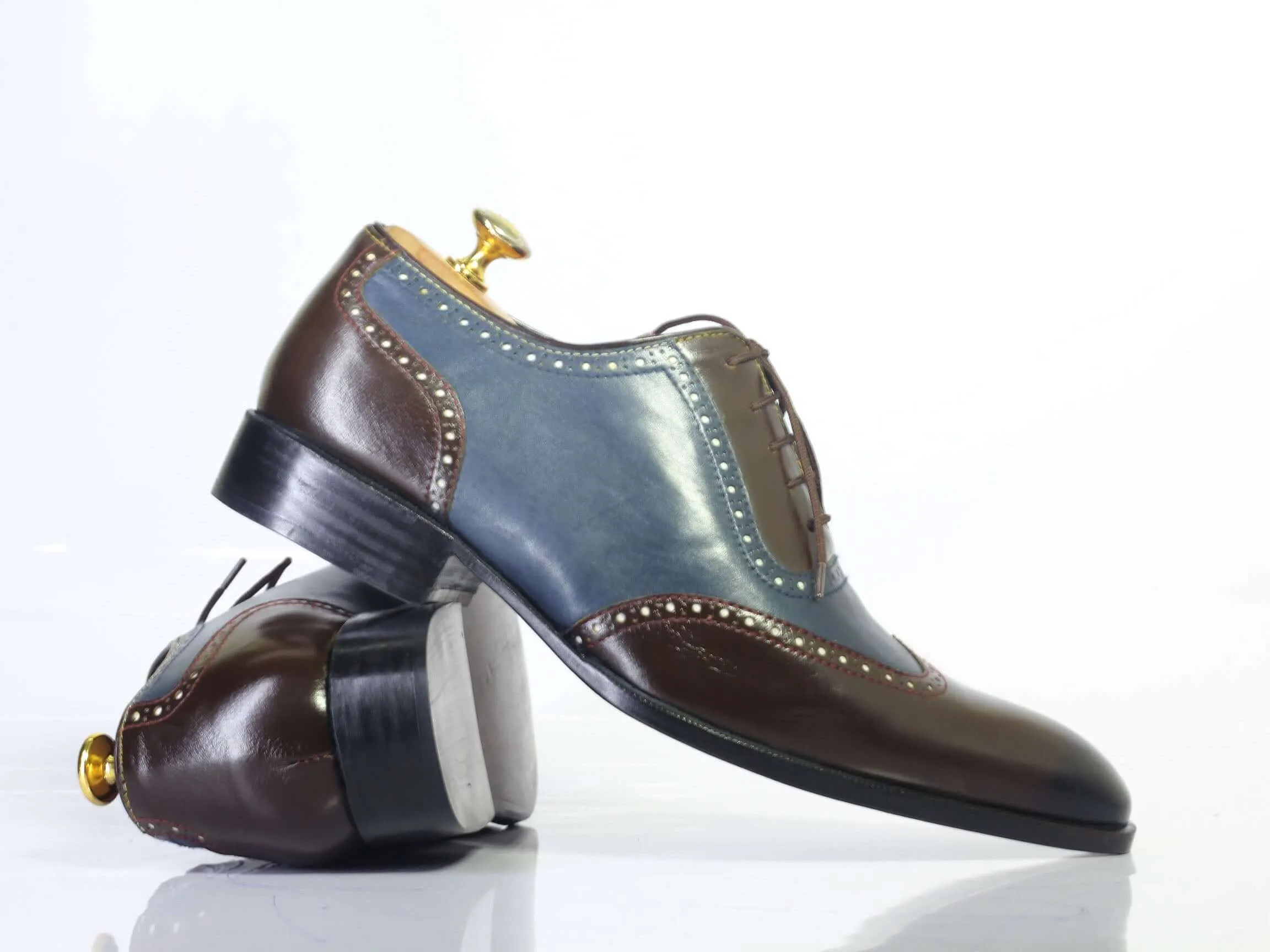 Handmade Men's Blue Brown Wing Tip Leather Lace Up Shoes, Men Designer Dress Formal Shoes, Men Luxury Fashion Shoes