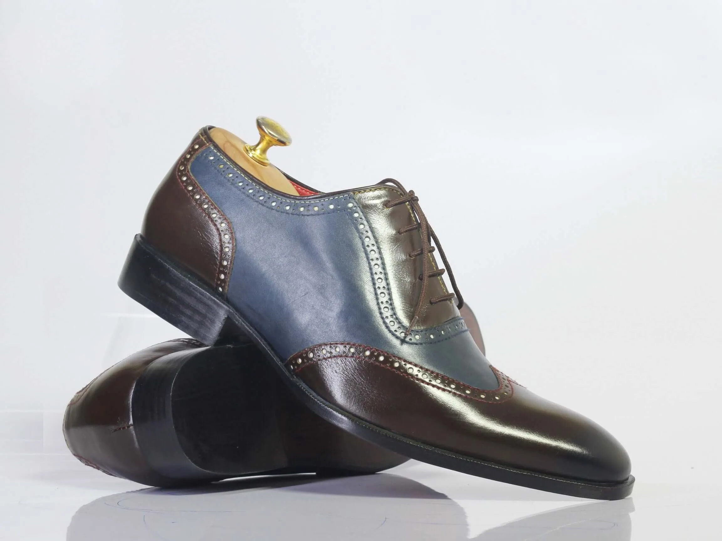 Handmade Men's Blue Brown Wing Tip Leather Lace Up Shoes, Men Designer Dress Formal Shoes, Men Luxury Fashion Shoes