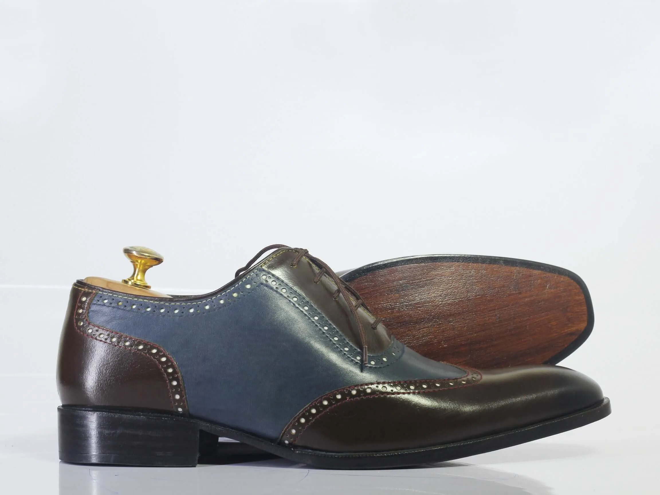 Handmade Men's Blue Brown Wing Tip Leather Lace Up Shoes, Men Designer Dress Formal Shoes, Men Luxury Fashion Shoes