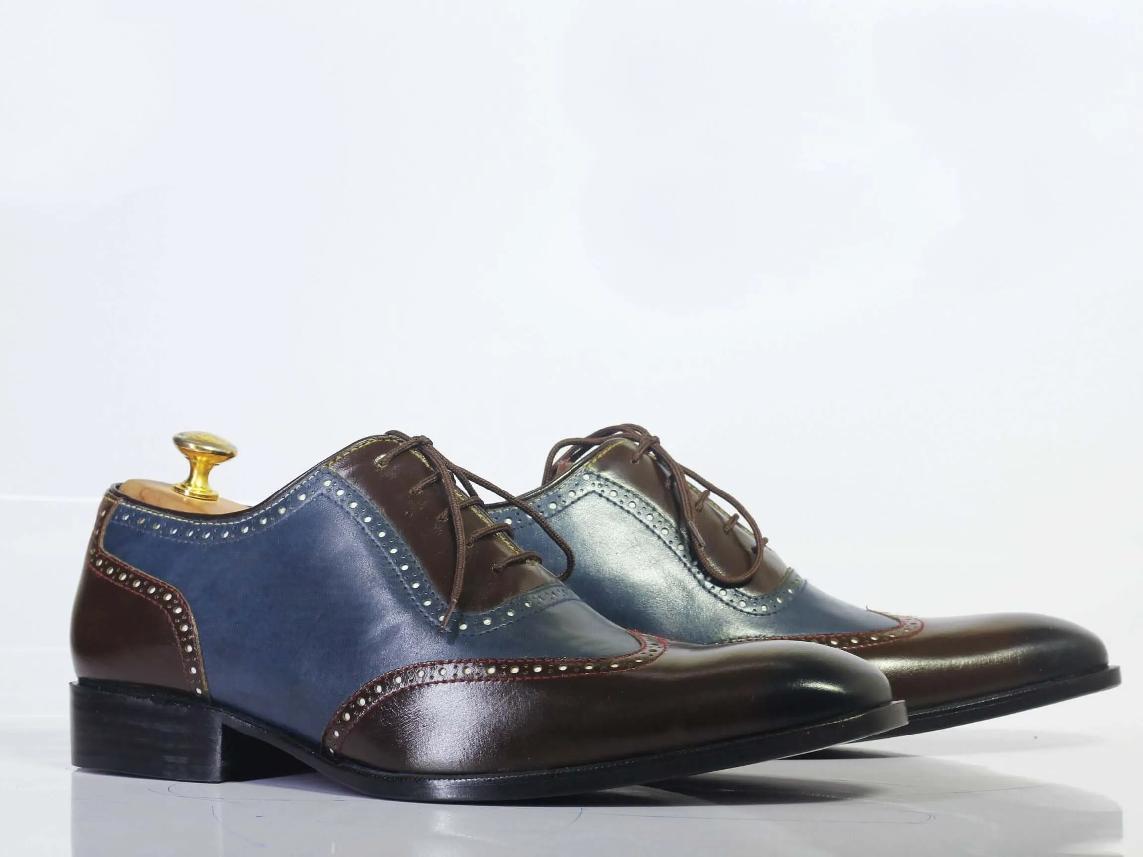 Handmade Men's Blue Brown Wing Tip Leather Lace Up Shoes, Men Designer Dress Formal Shoes, Men Luxury Fashion Shoes