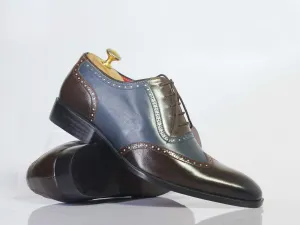 Handmade Men's Blue Brown Wing Tip Leather Lace Up Shoes, Men Designer Dress Formal Shoes, Men Luxury Fashion Shoes