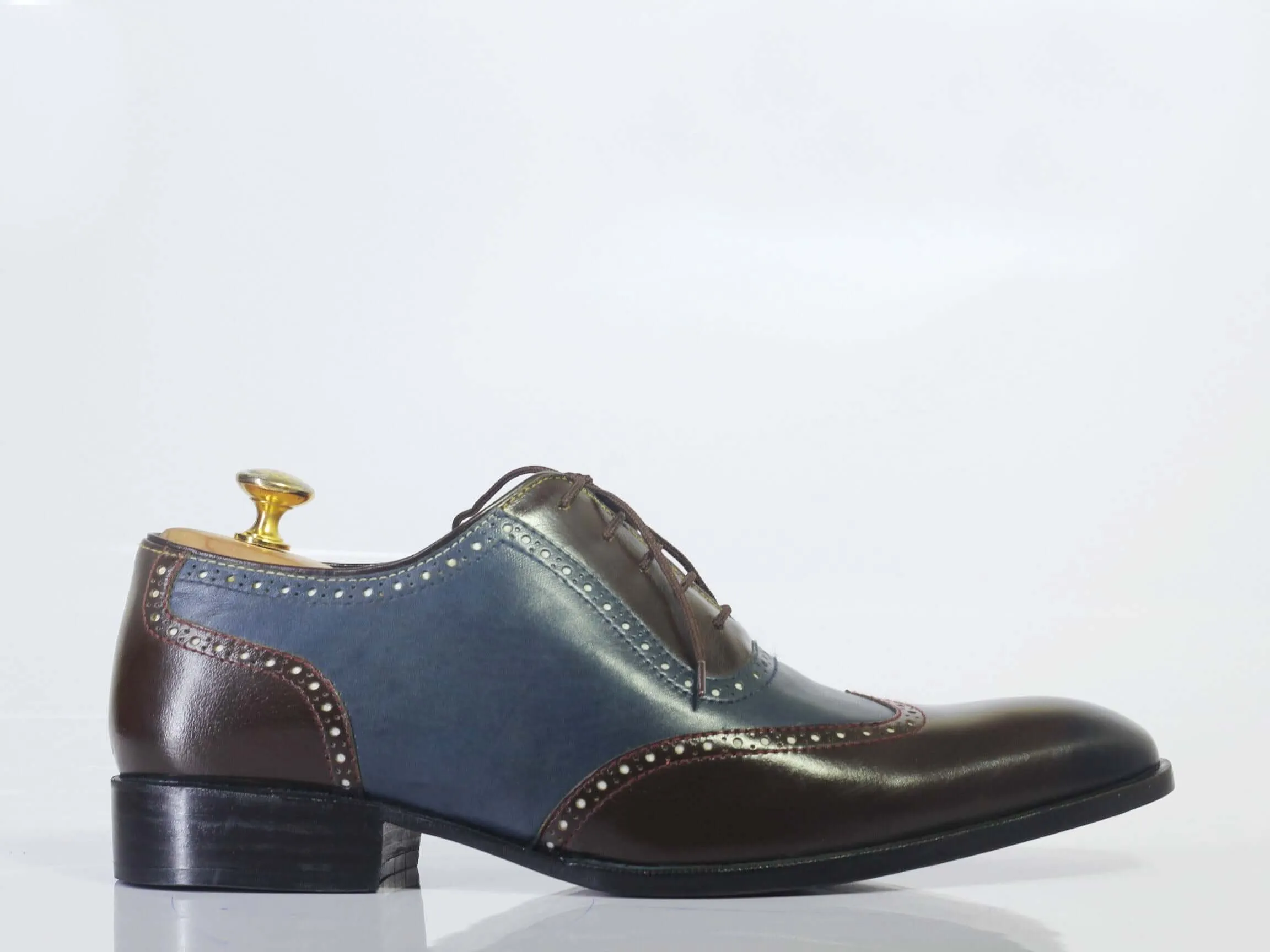 Handmade Men's Blue Brown Wing Tip Leather Lace Up Shoes, Men Designer Dress Formal Shoes, Men Luxury Fashion Shoes