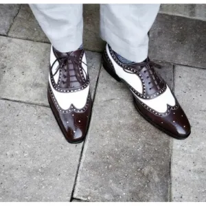 Handmade Men's Brown & White Leather Wingtip Shoes