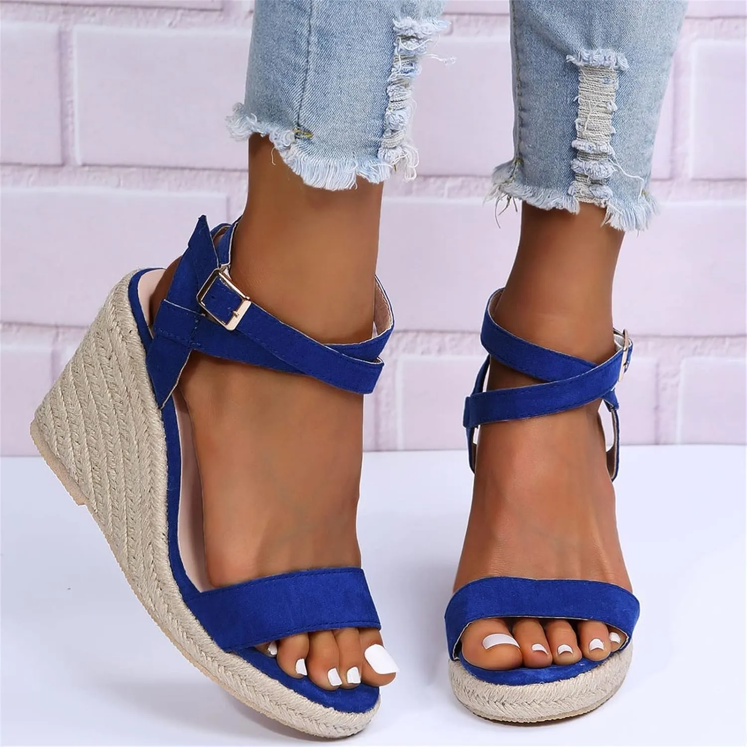 HINDOLA Womens Open Toe Espadrilles Dressy Platform Sandals Buckle Ankle Strap Summer Stylish Wedges Sandals