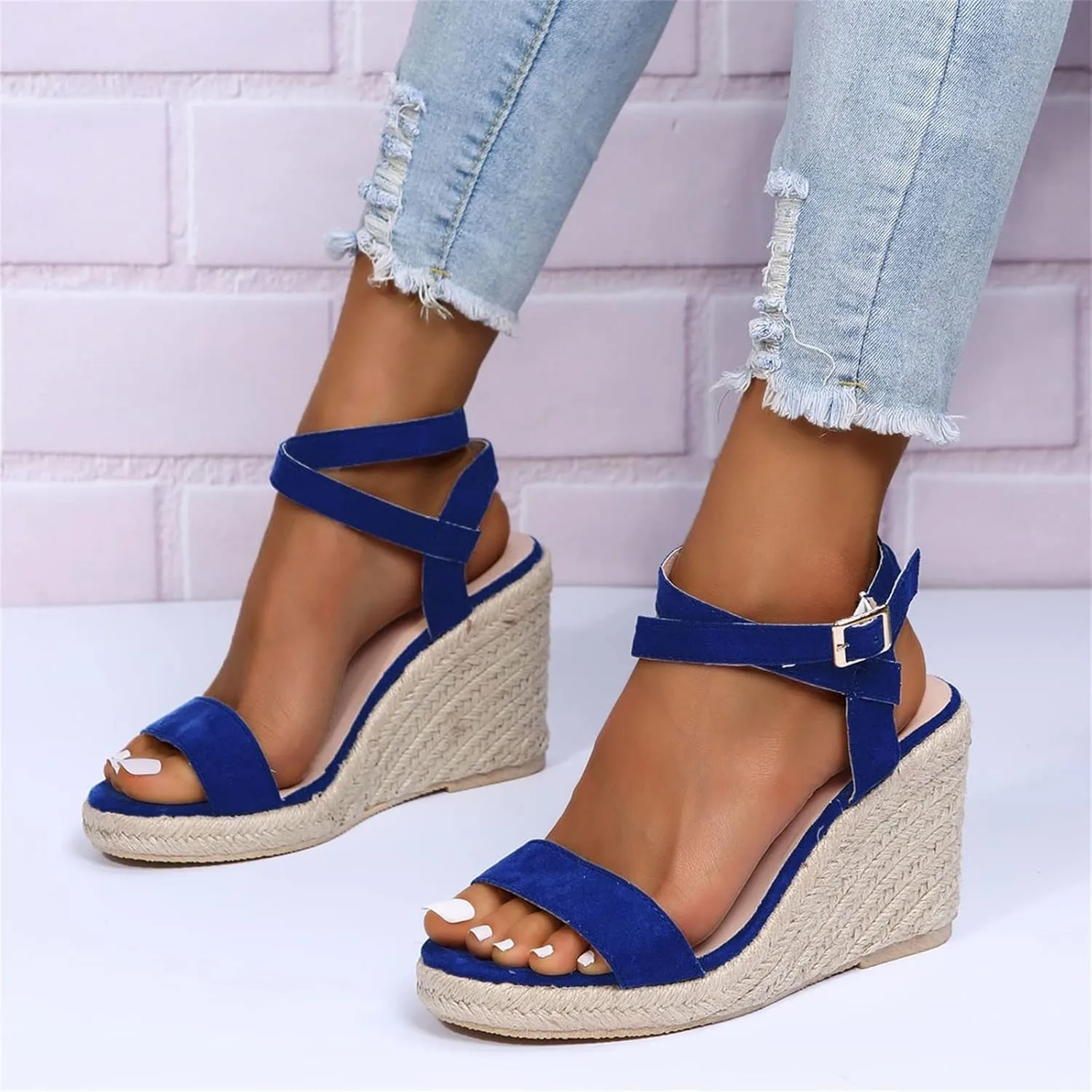 HINDOLA Womens Open Toe Espadrilles Dressy Platform Sandals Buckle Ankle Strap Summer Stylish Wedges Sandals