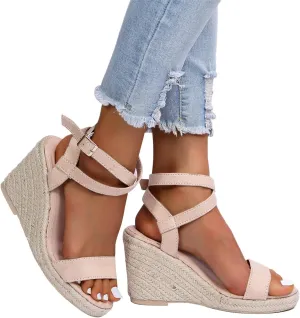 HINDOLA Womens Open Toe Espadrilles Dressy Platform Sandals Buckle Ankle Strap Summer Stylish Wedges Sandals