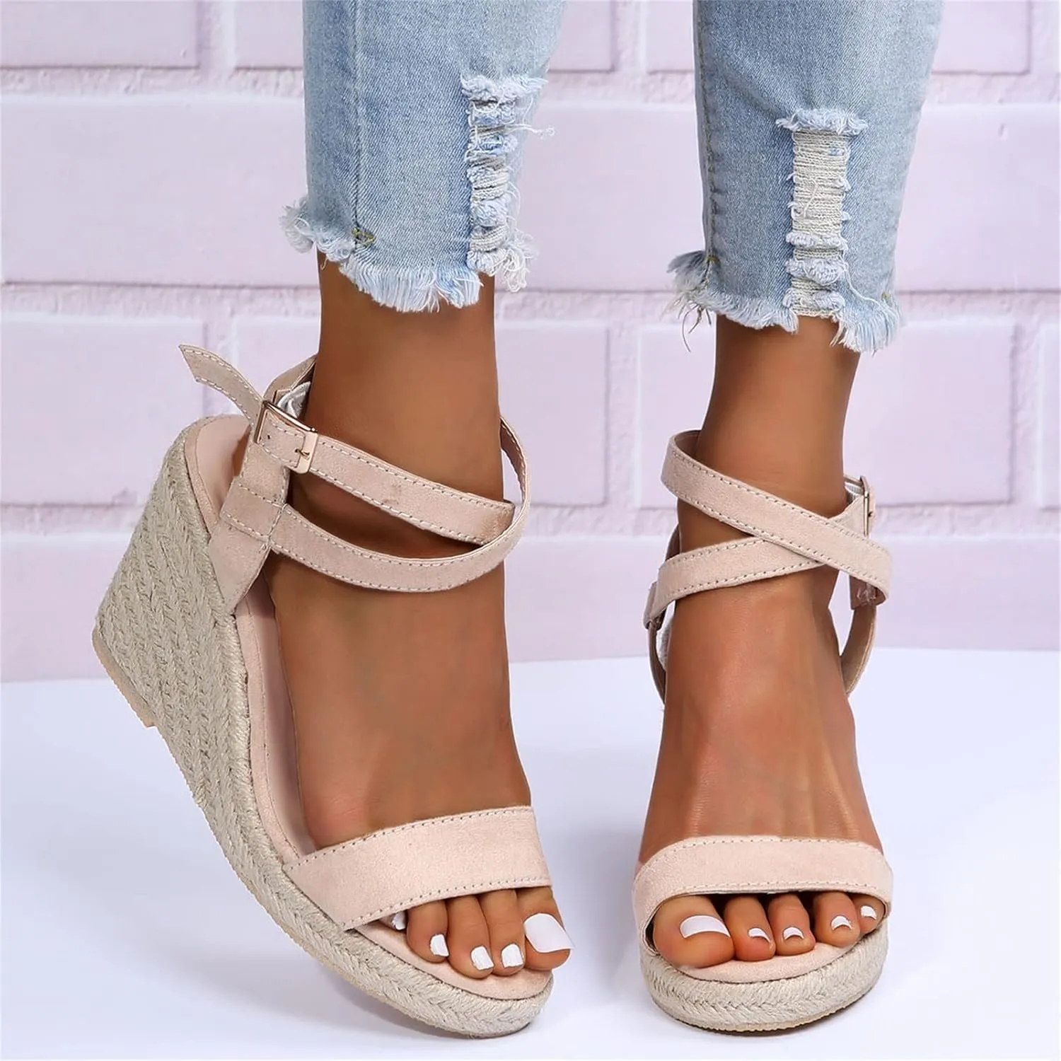 HINDOLA Womens Open Toe Espadrilles Dressy Platform Sandals Buckle Ankle Strap Summer Stylish Wedges Sandals