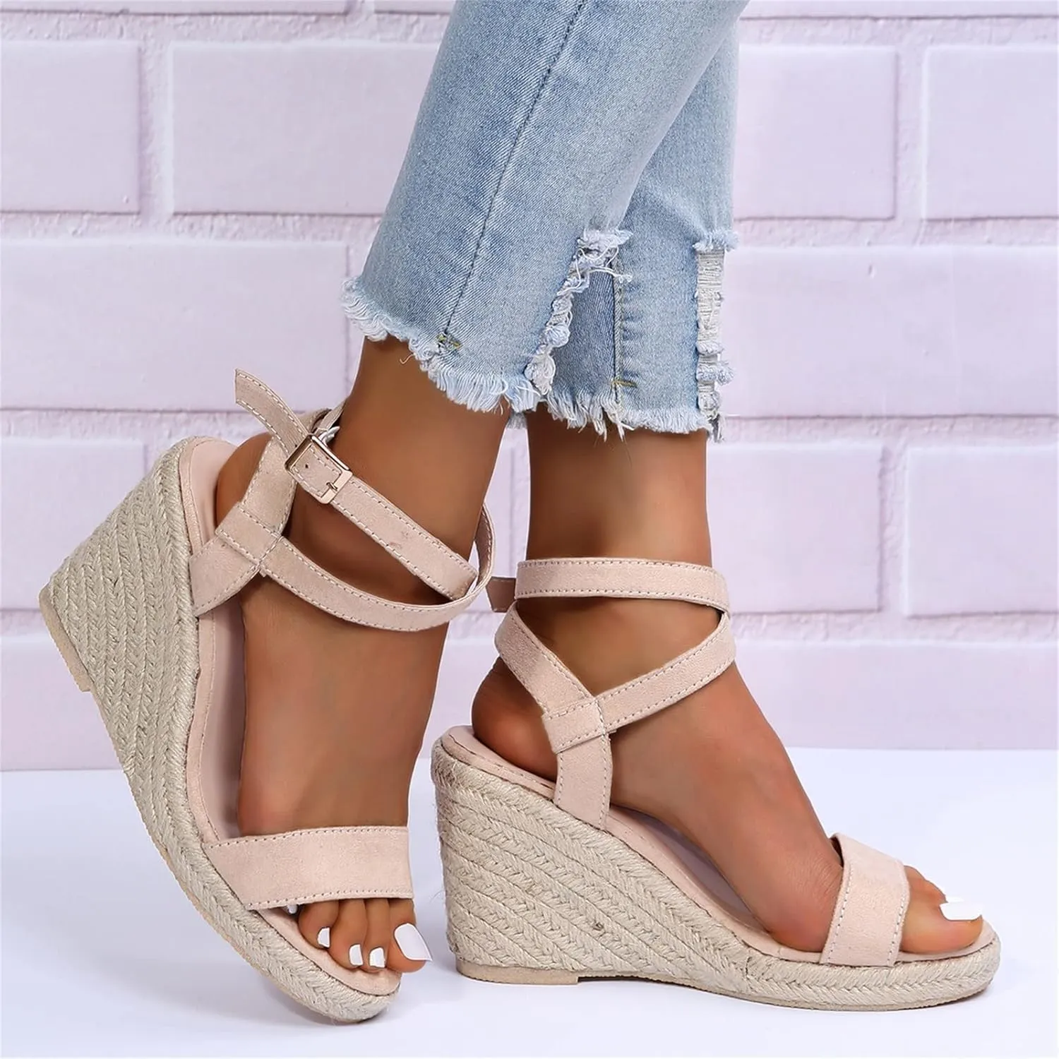 HINDOLA Womens Open Toe Espadrilles Dressy Platform Sandals Buckle Ankle Strap Summer Stylish Wedges Sandals