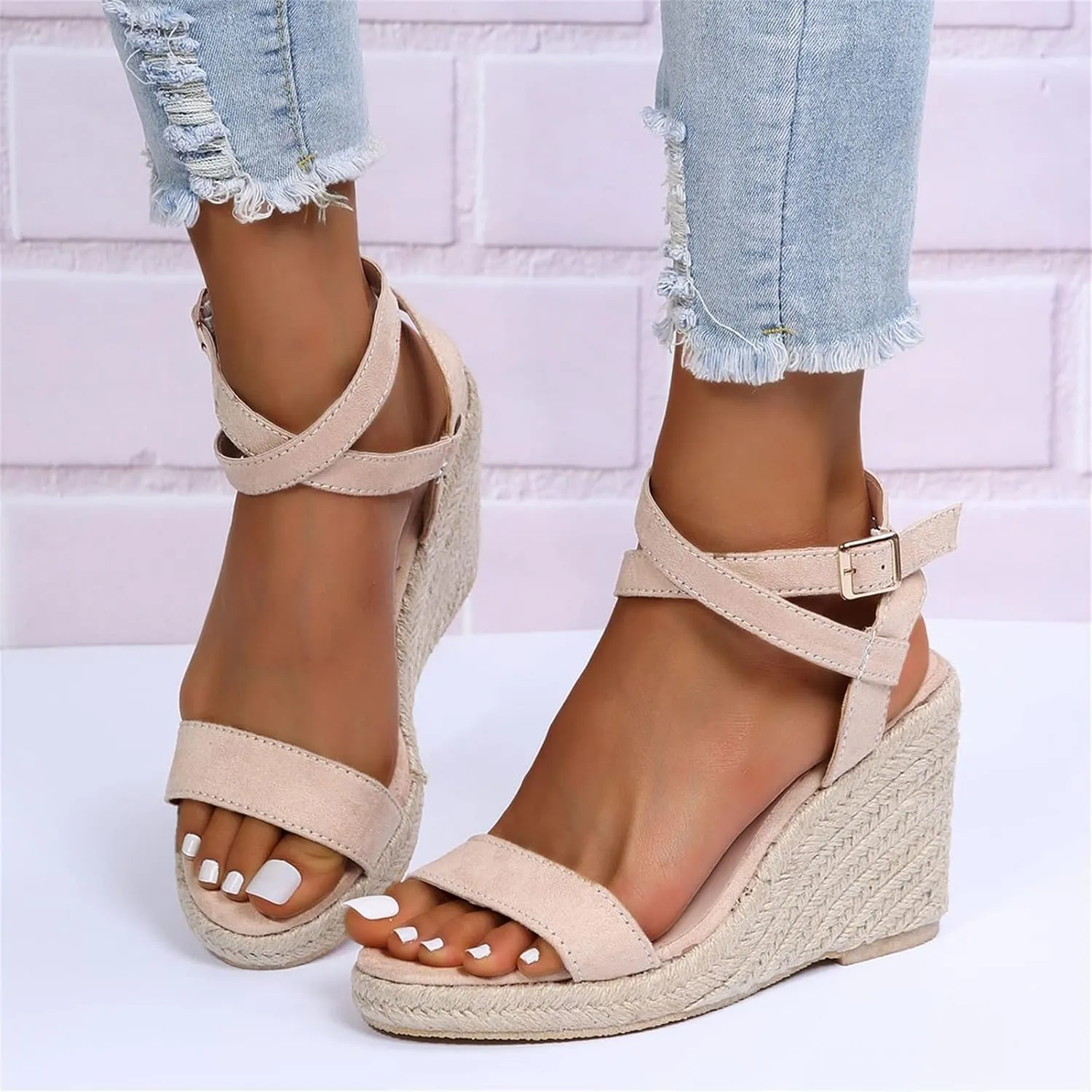 HINDOLA Womens Open Toe Espadrilles Dressy Platform Sandals Buckle Ankle Strap Summer Stylish Wedges Sandals