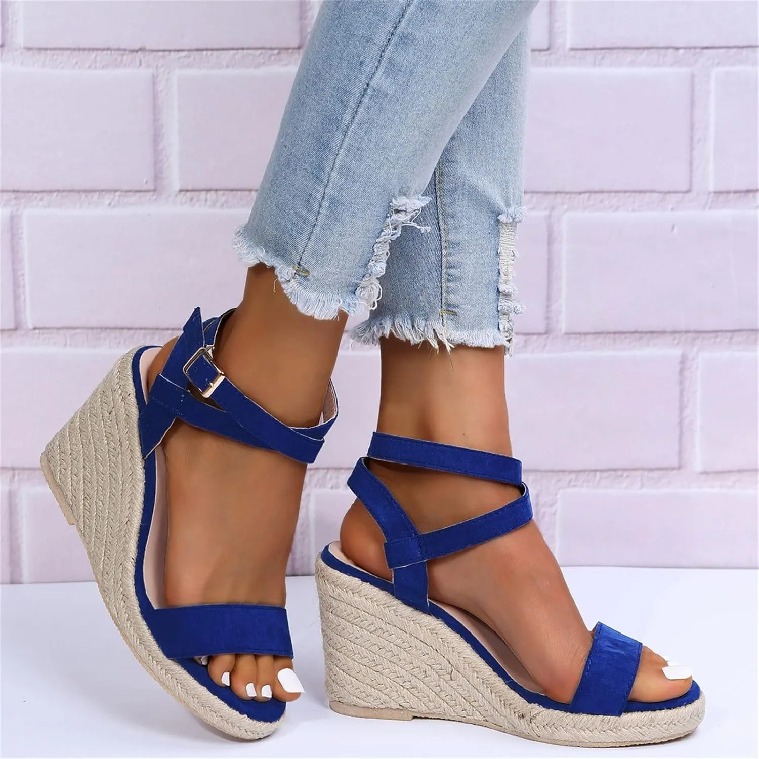 HINDOLA Womens Open Toe Espadrilles Dressy Platform Sandals Buckle Ankle Strap Summer Stylish Wedges Sandals