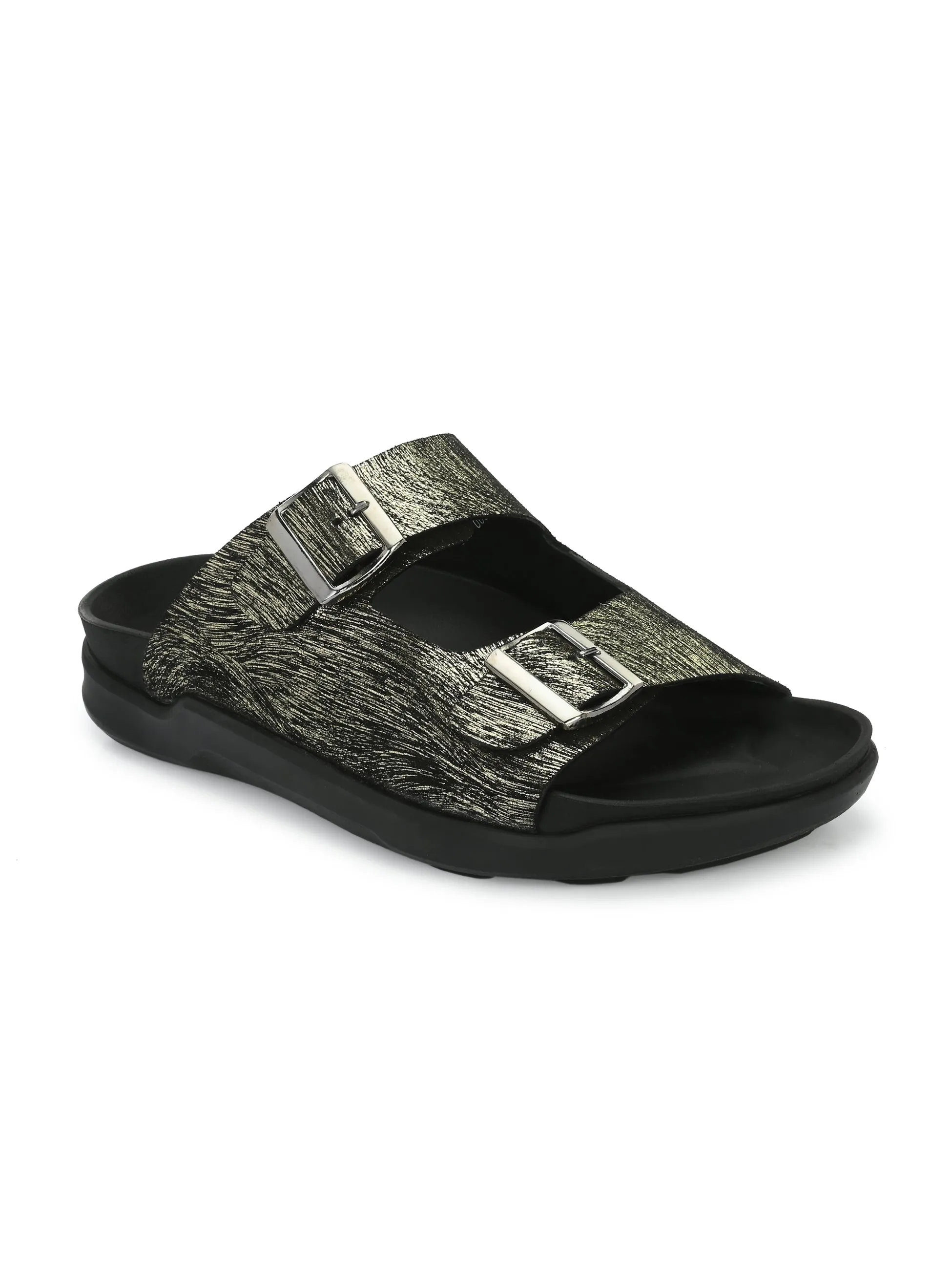 Hitz Men's Golden Leather Open Toe Slippers
