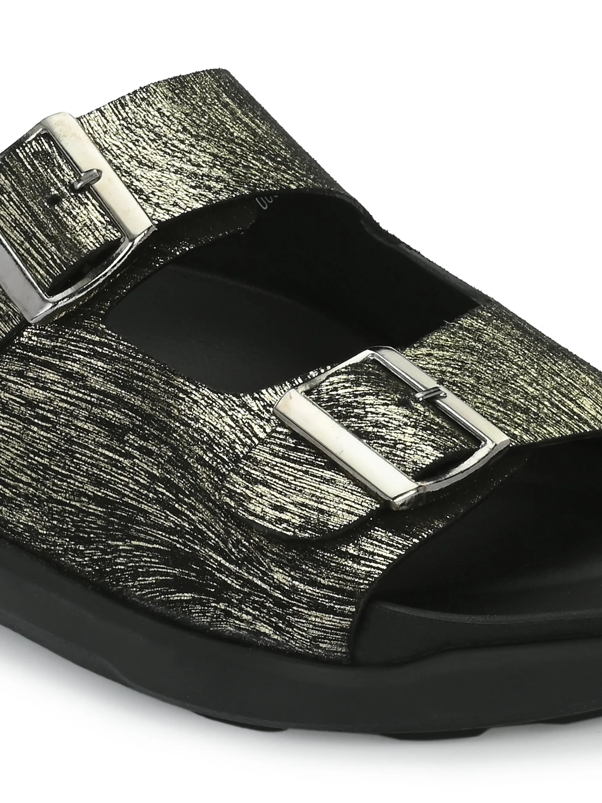 Hitz Men's Golden Leather Open Toe Slippers