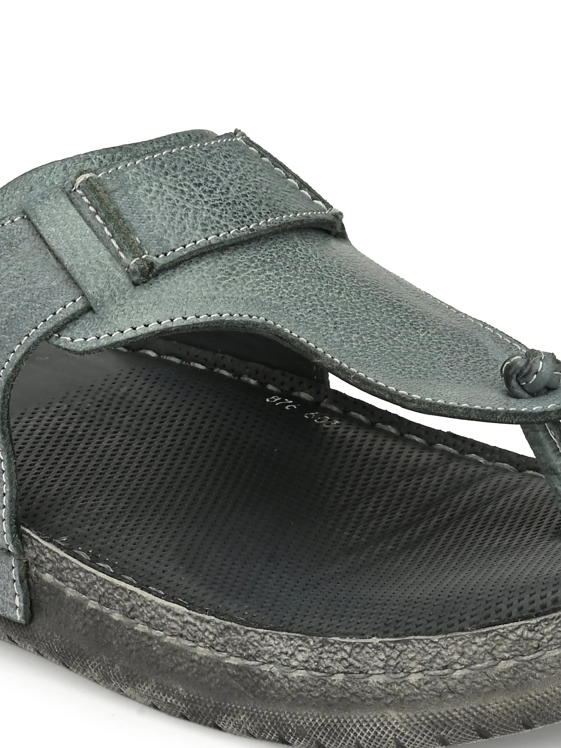 Hitz Men's Grey Leather Open Toe Slippers