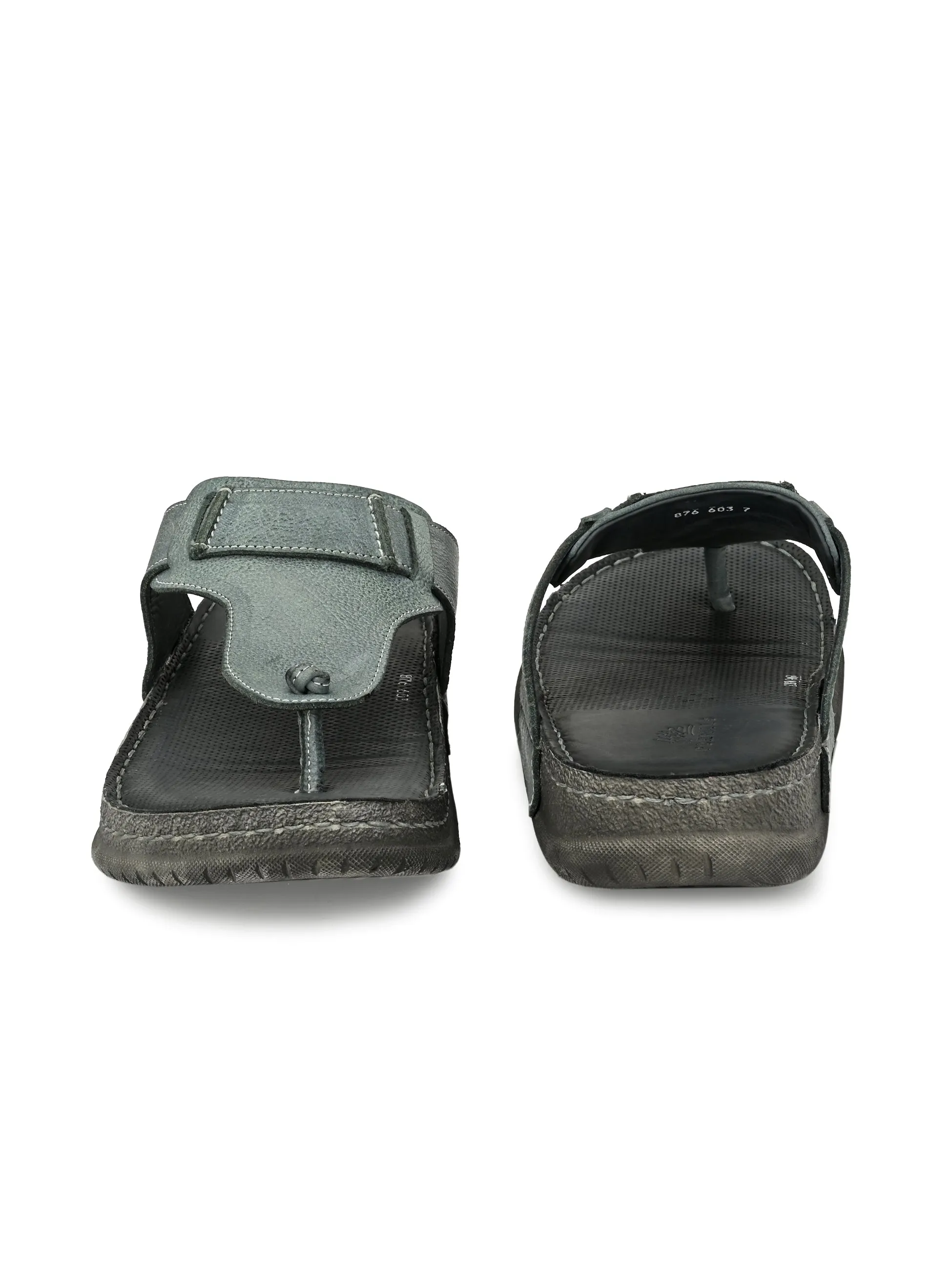 Hitz Men's Grey Leather Open Toe Slippers